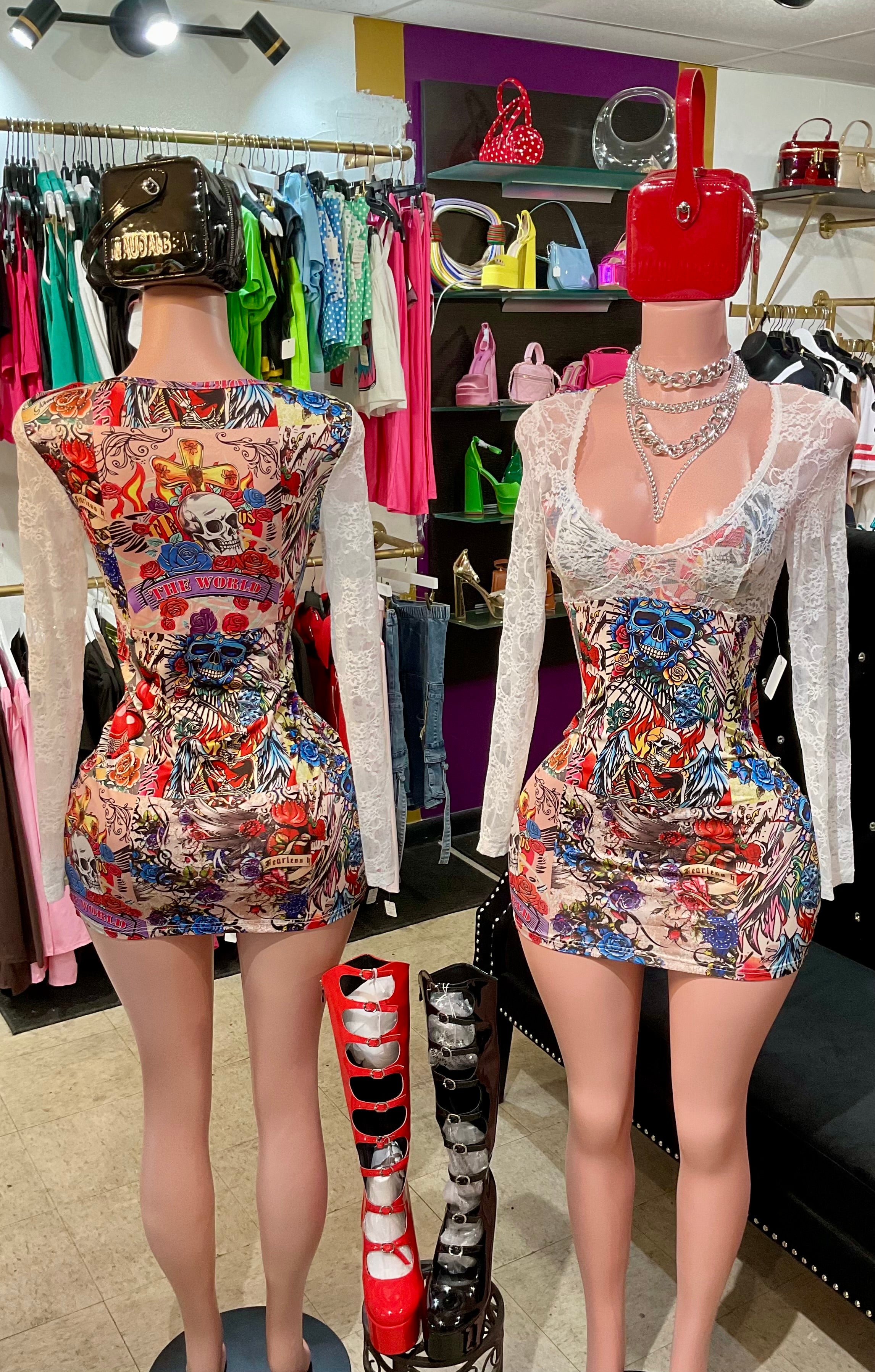 “Ink Me Wild Lace Mini Dress”-multicolor