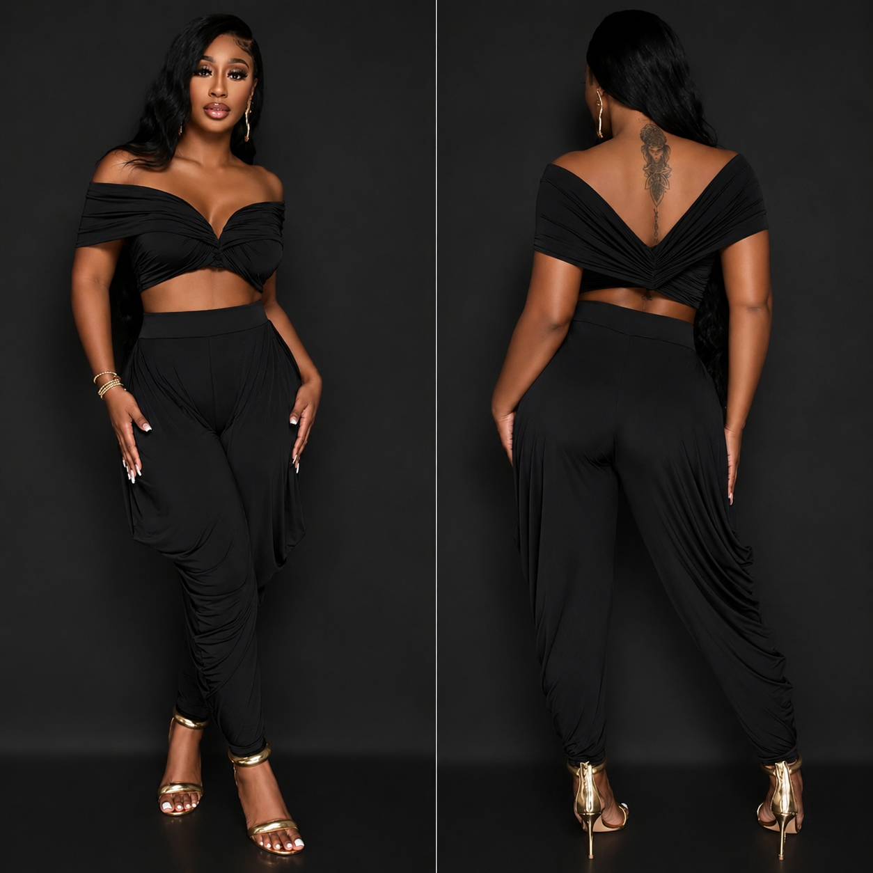 “Midnight Muse Draped Pant Set” black