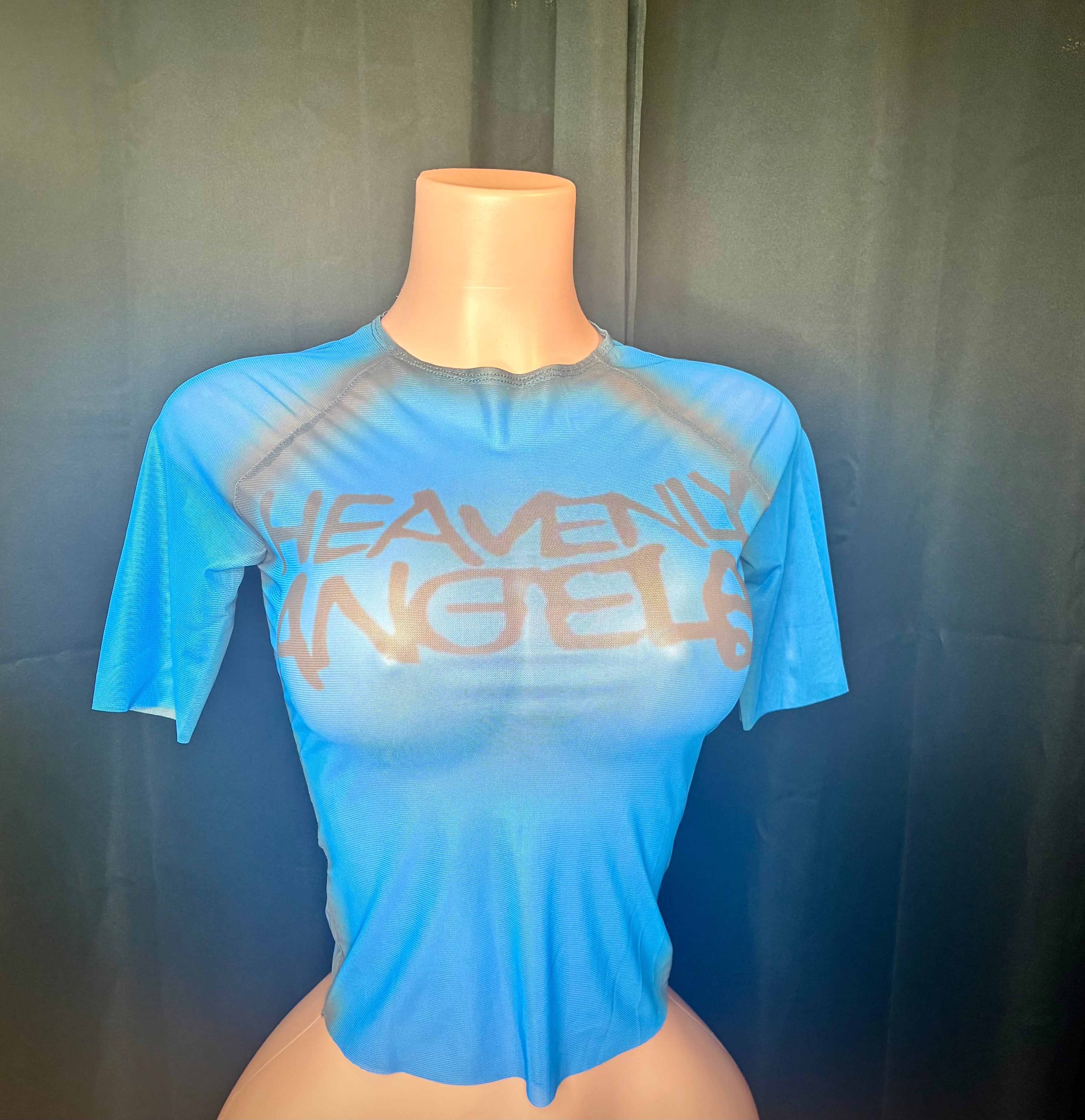 “This not Heaven” blue/black mesh top