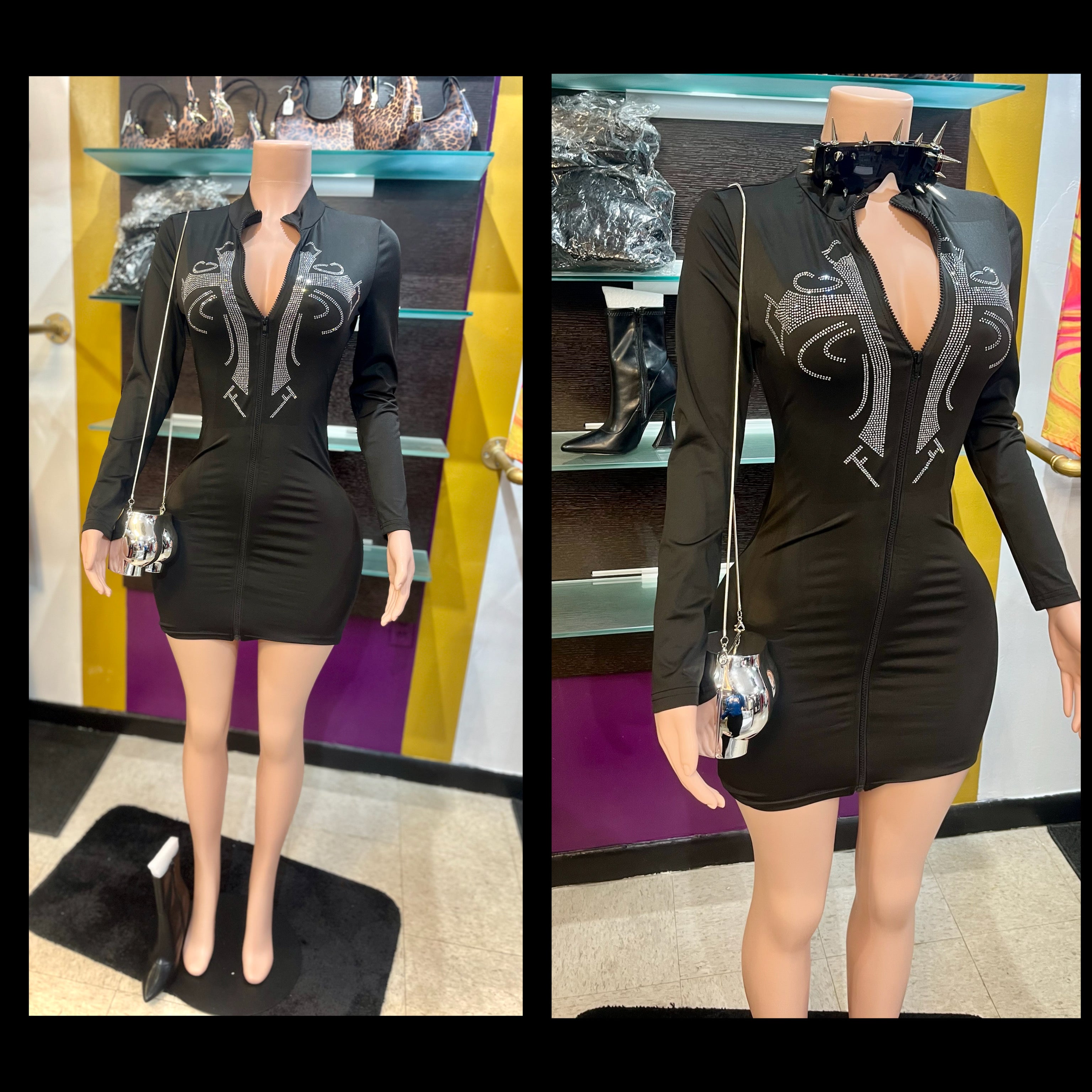 “Cross Diamonds” black long sleeve dress