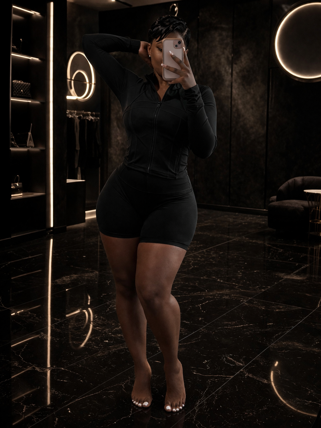 “Midnight Motion Zip Short Set”- black