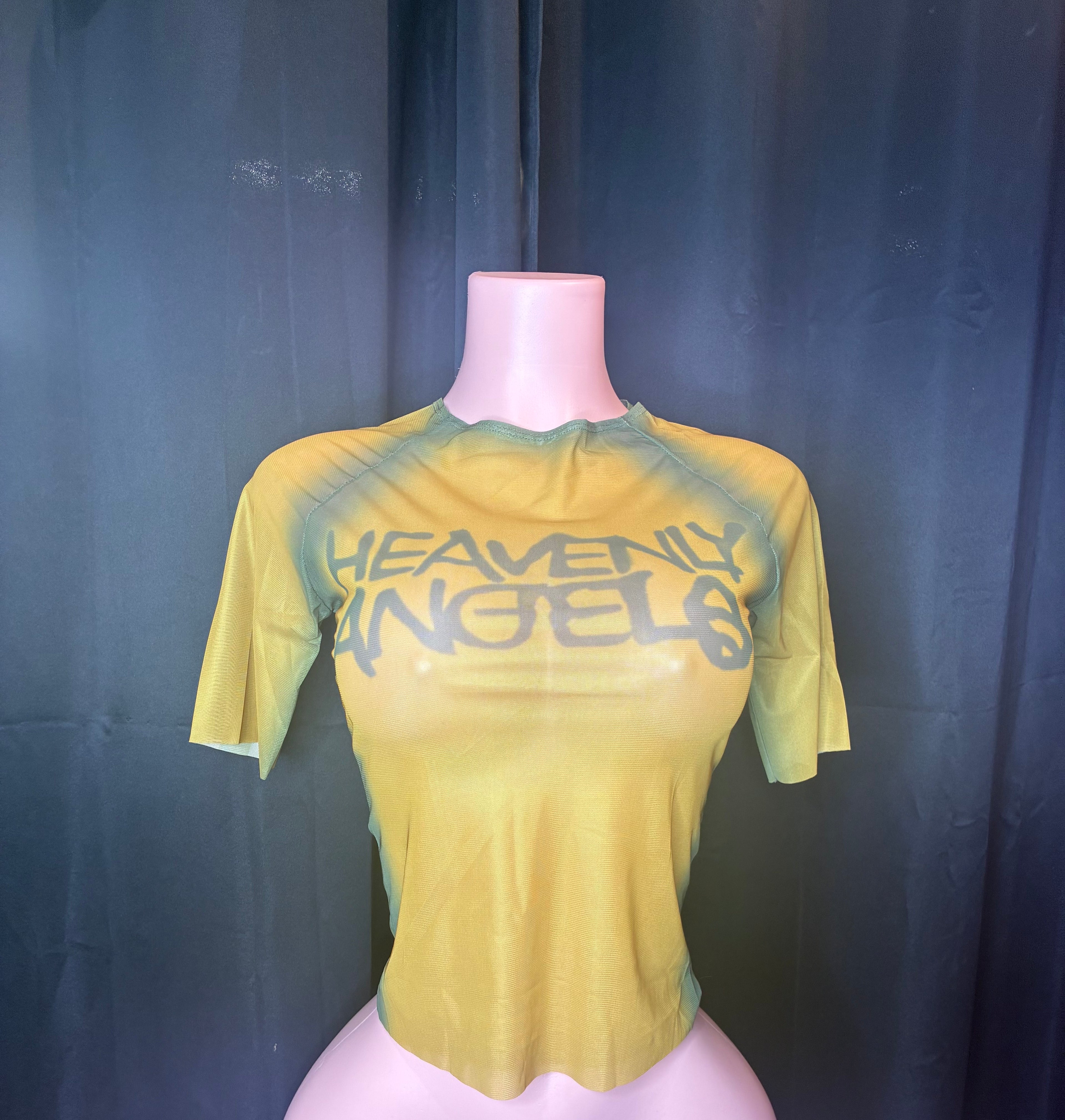 “This not Heaven” gold/green mesh top