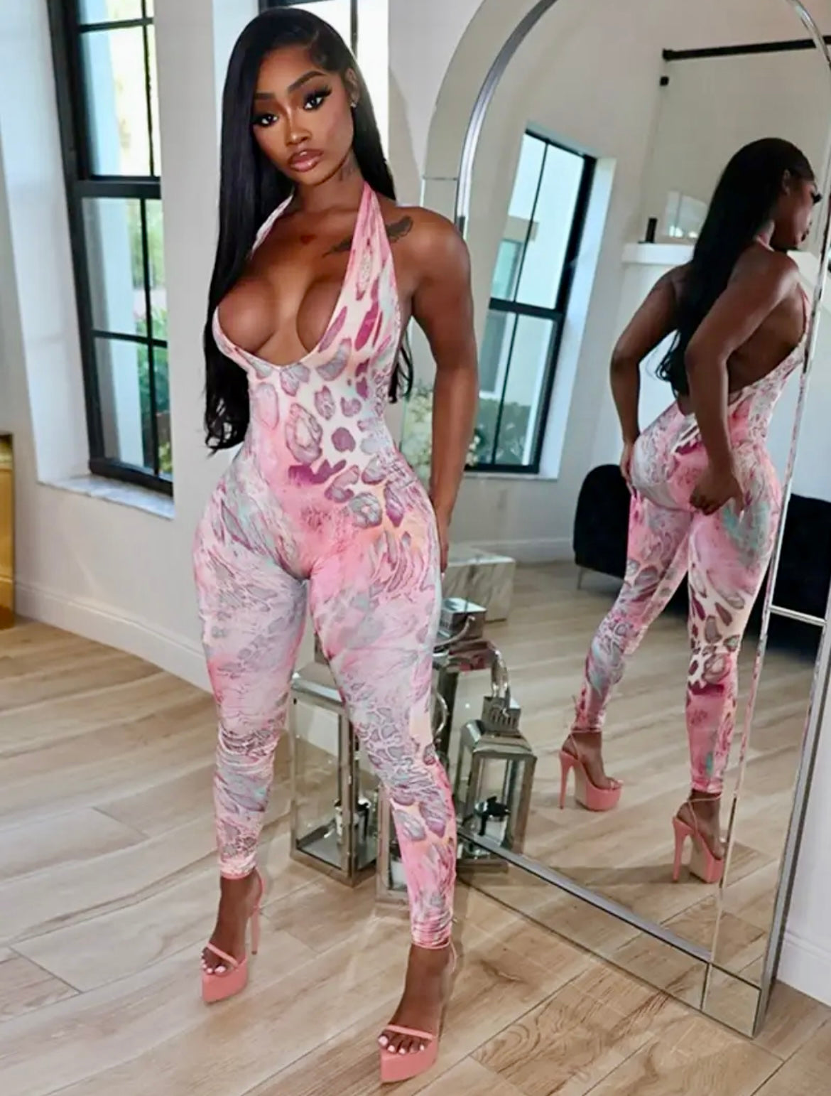 “Pink Desire” multi color leopard halter jumpsuit