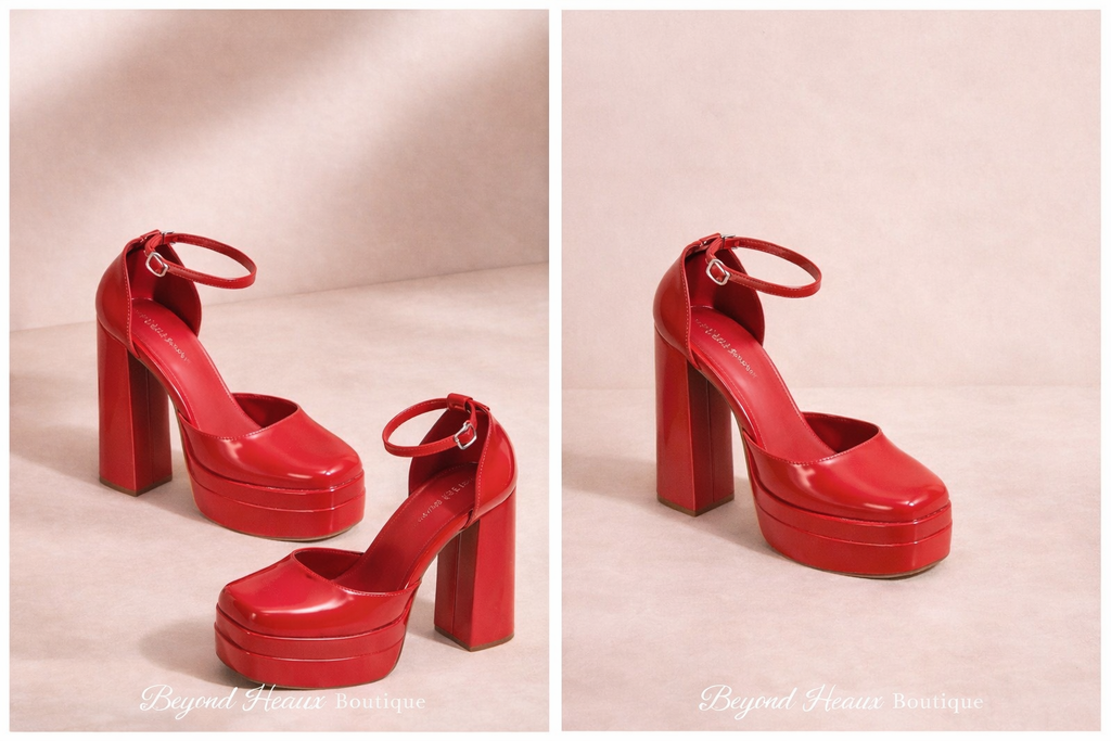 “Red Alert” red patent leather platform heels