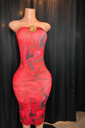 “Crimson Currents” Marble Midi strapless tube Dress- red (downsize)