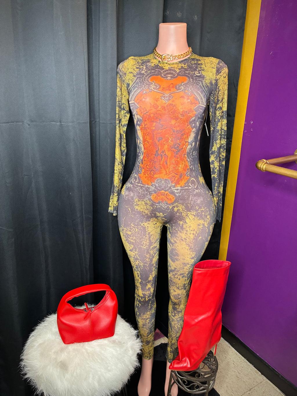 “Body language Only” reddish,olive, black jumpsuit