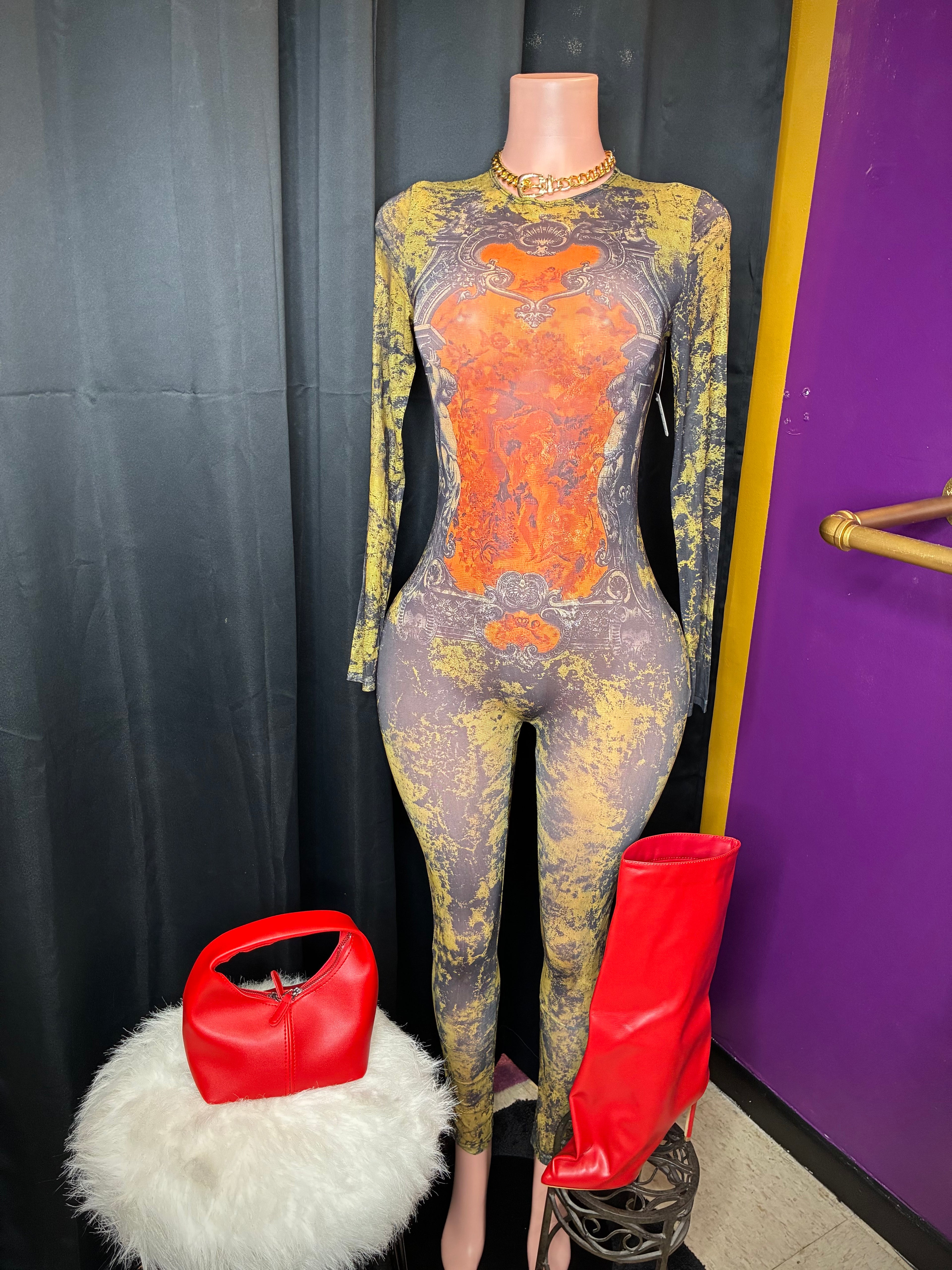 “Body language Only” reddish,olive, black jumpsuit