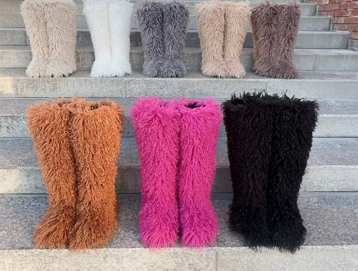 “Dark Pink” kinky Kurly fur knee high fur boots