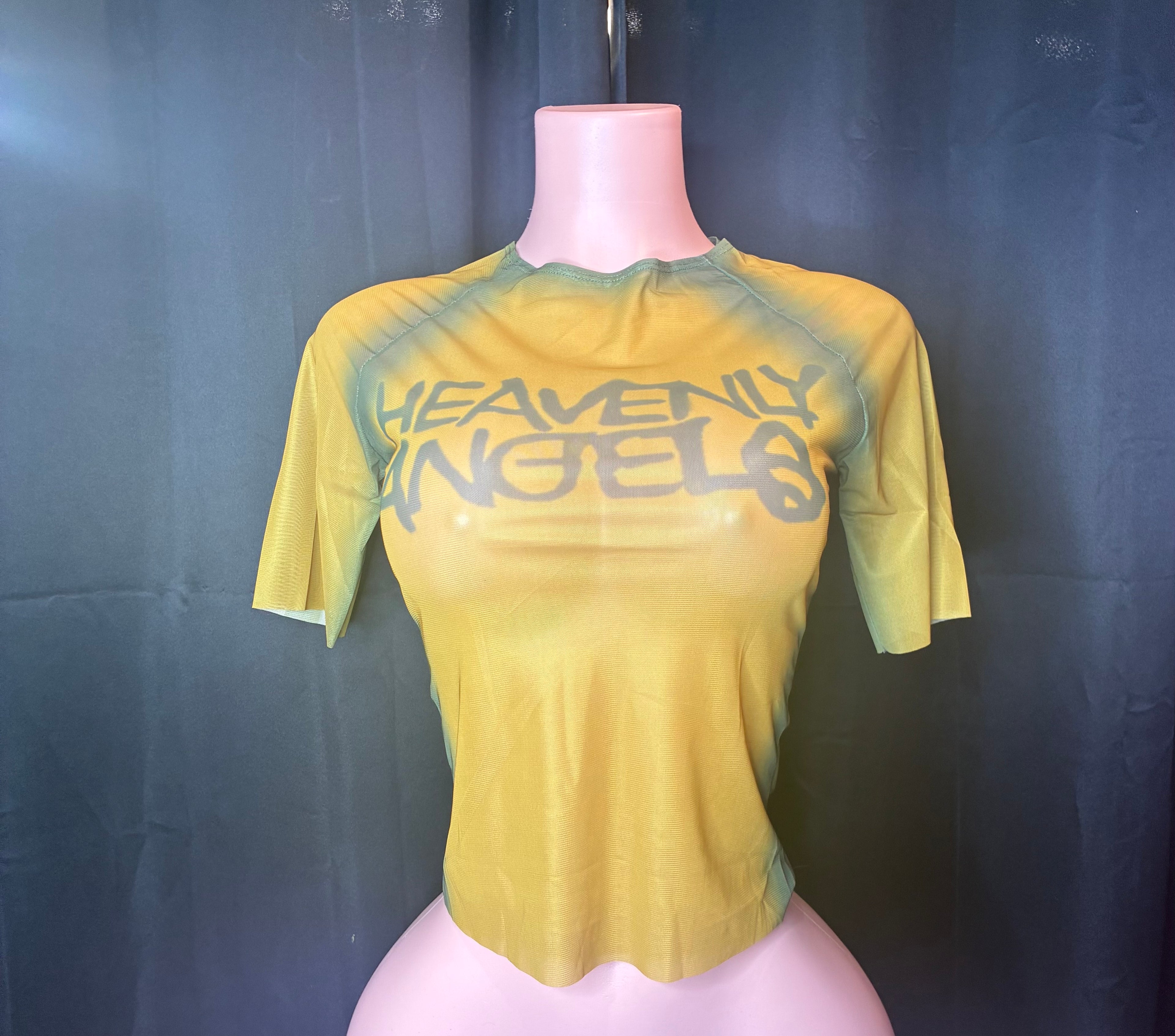 “This not Heaven” gold/green mesh top