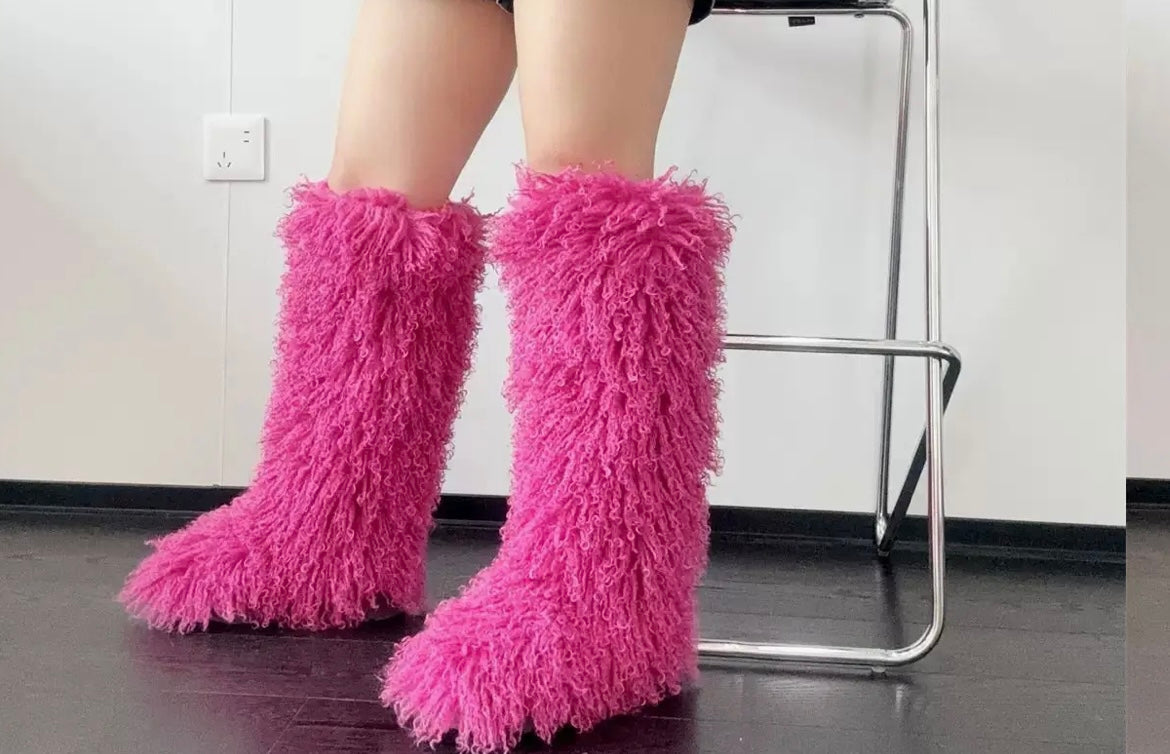 “Dark Pink” kinky Kurly fur knee high fur boots