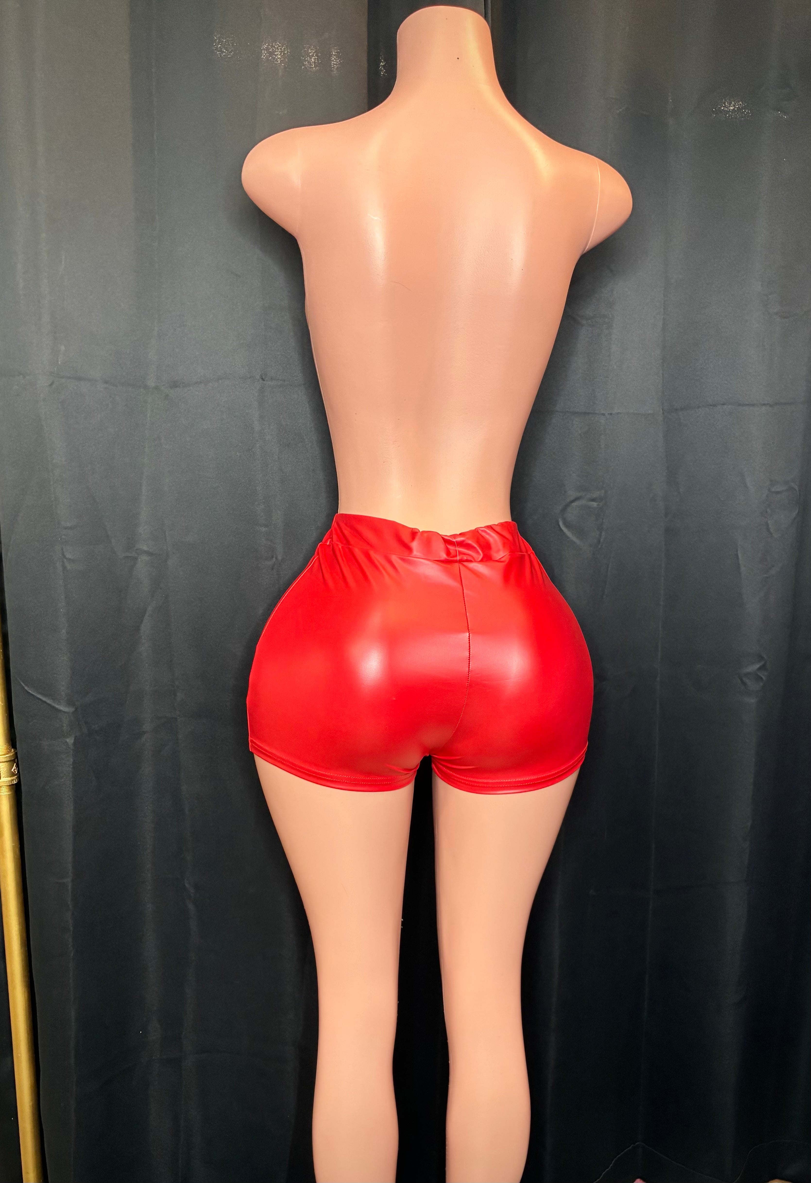 “Those Red” faux leather shorts