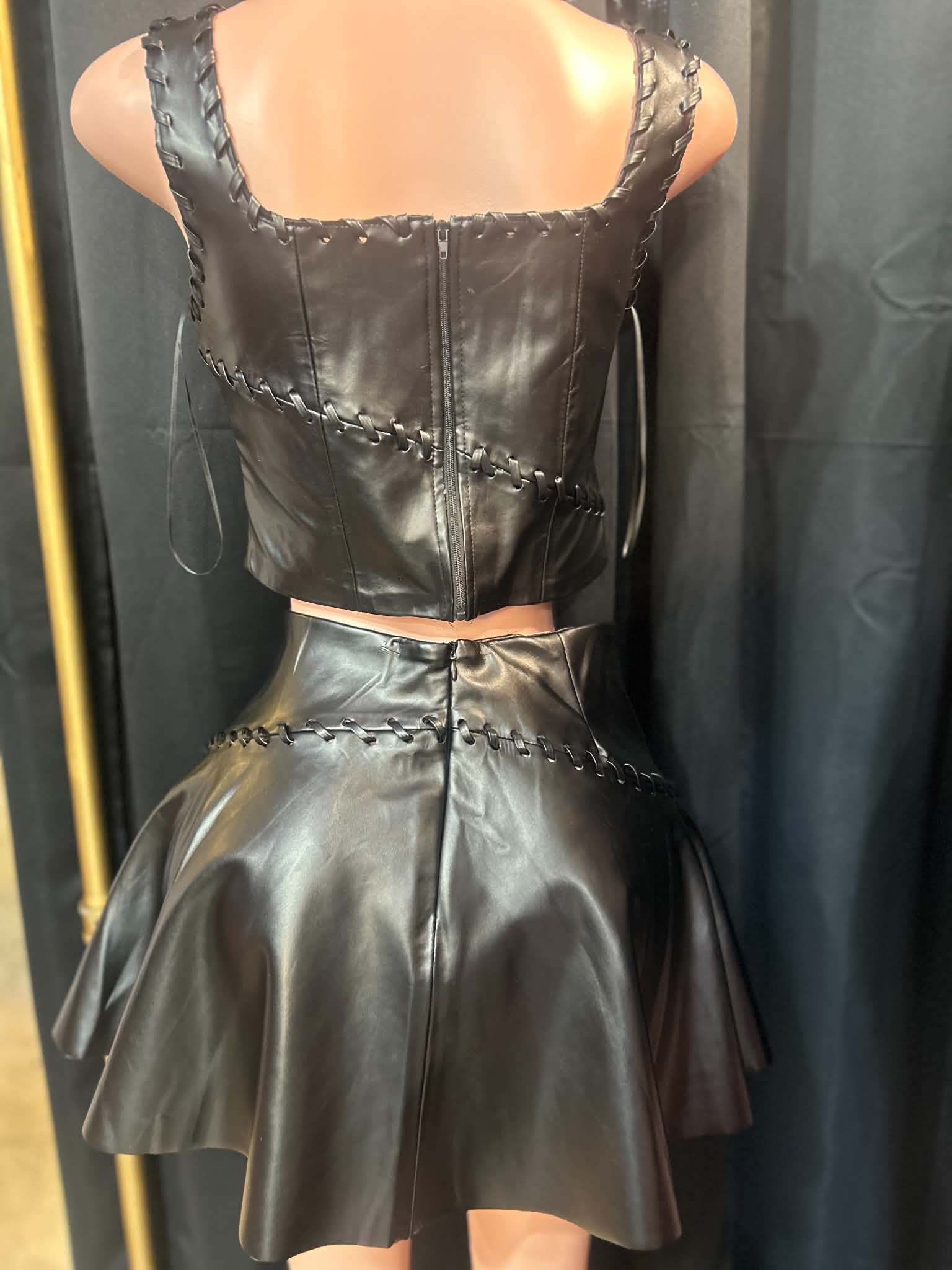 “Noir Rebel” Faux Leather Skirt Set- black