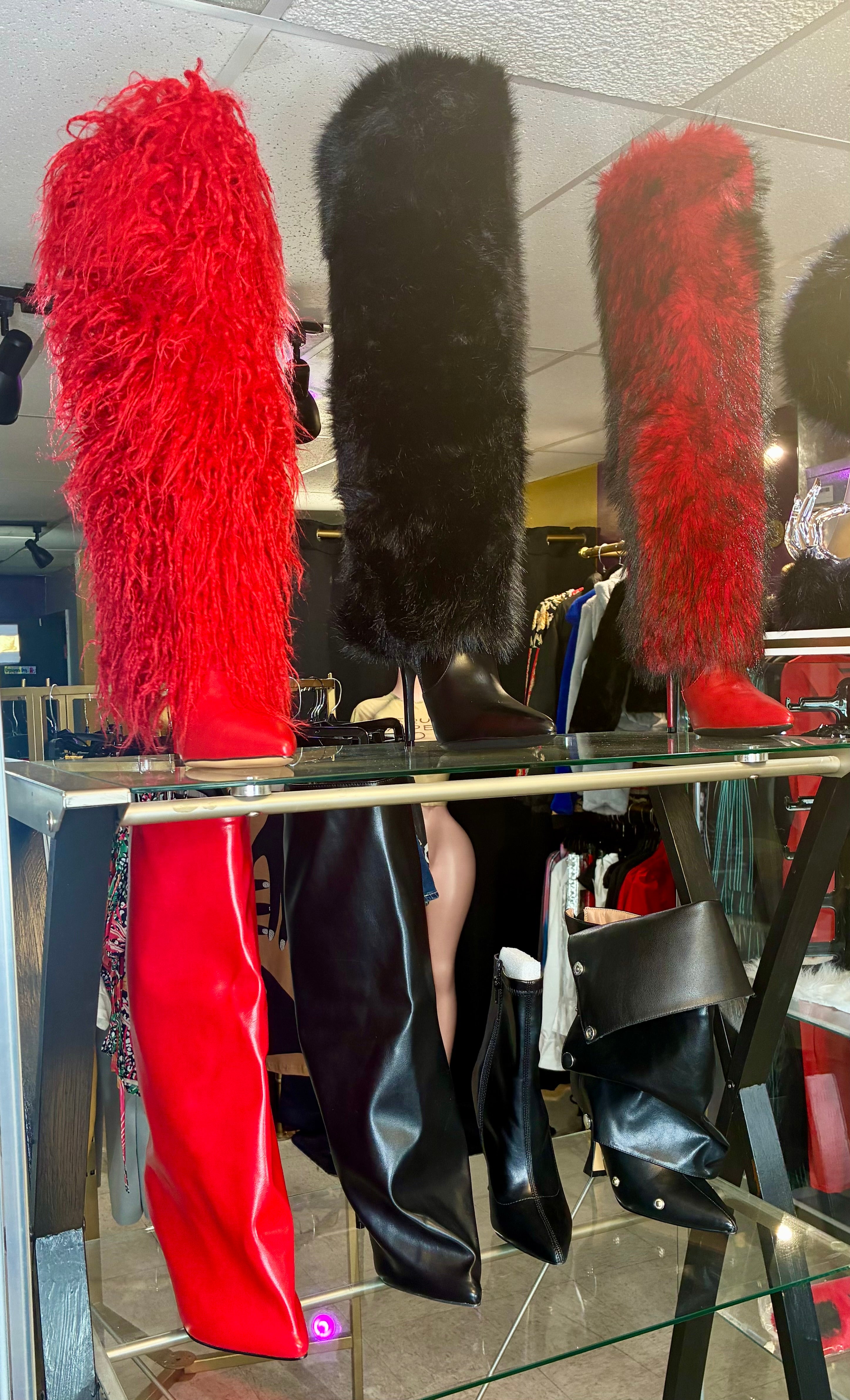 “Kinky Kurly” red stiletto fur boots