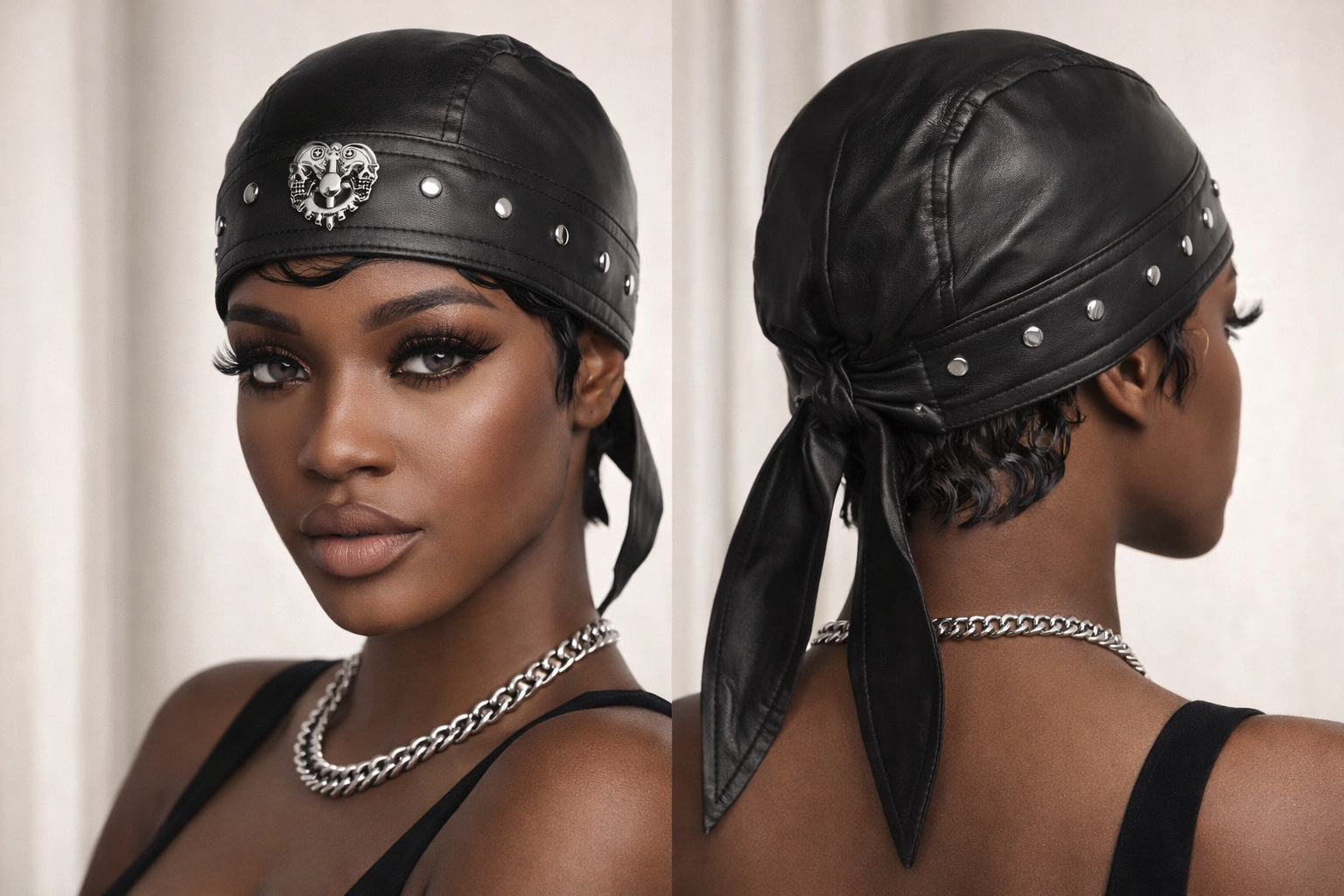 “Rebel Luxe Double Skull Studded Bandana”- black & silver