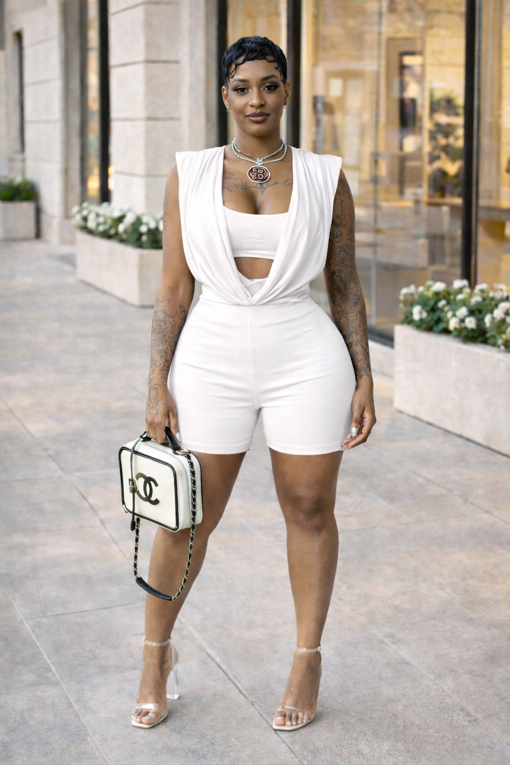 “Main Character Energy” high waist short set- white