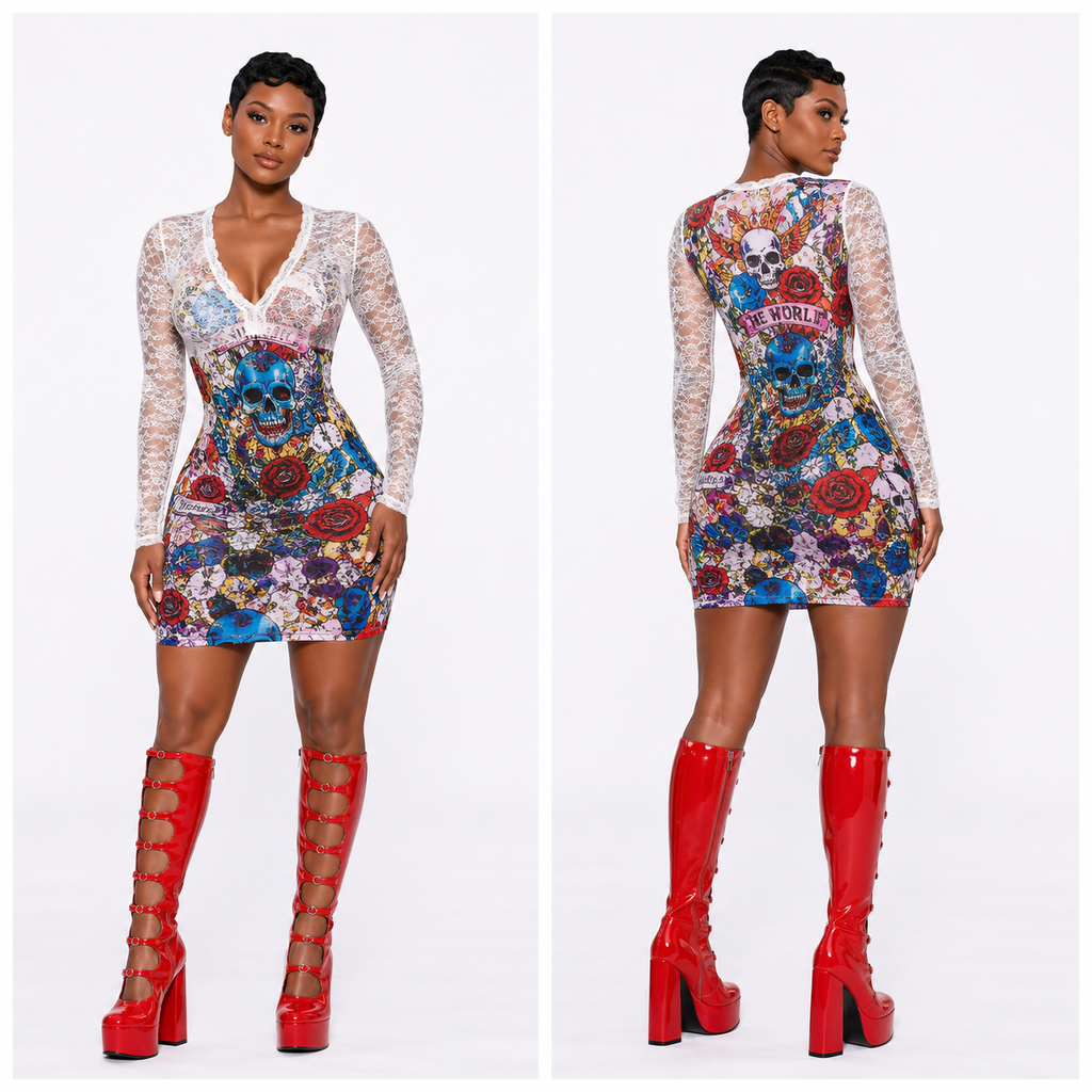 “Ink Me Wild Lace Mini Dress”-multicolor