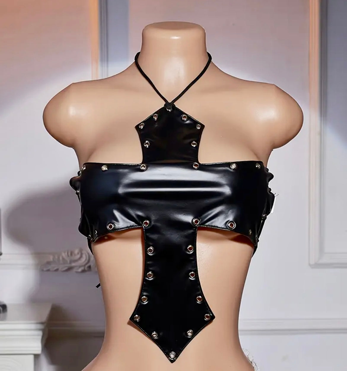“Crossed Me” black leather top
