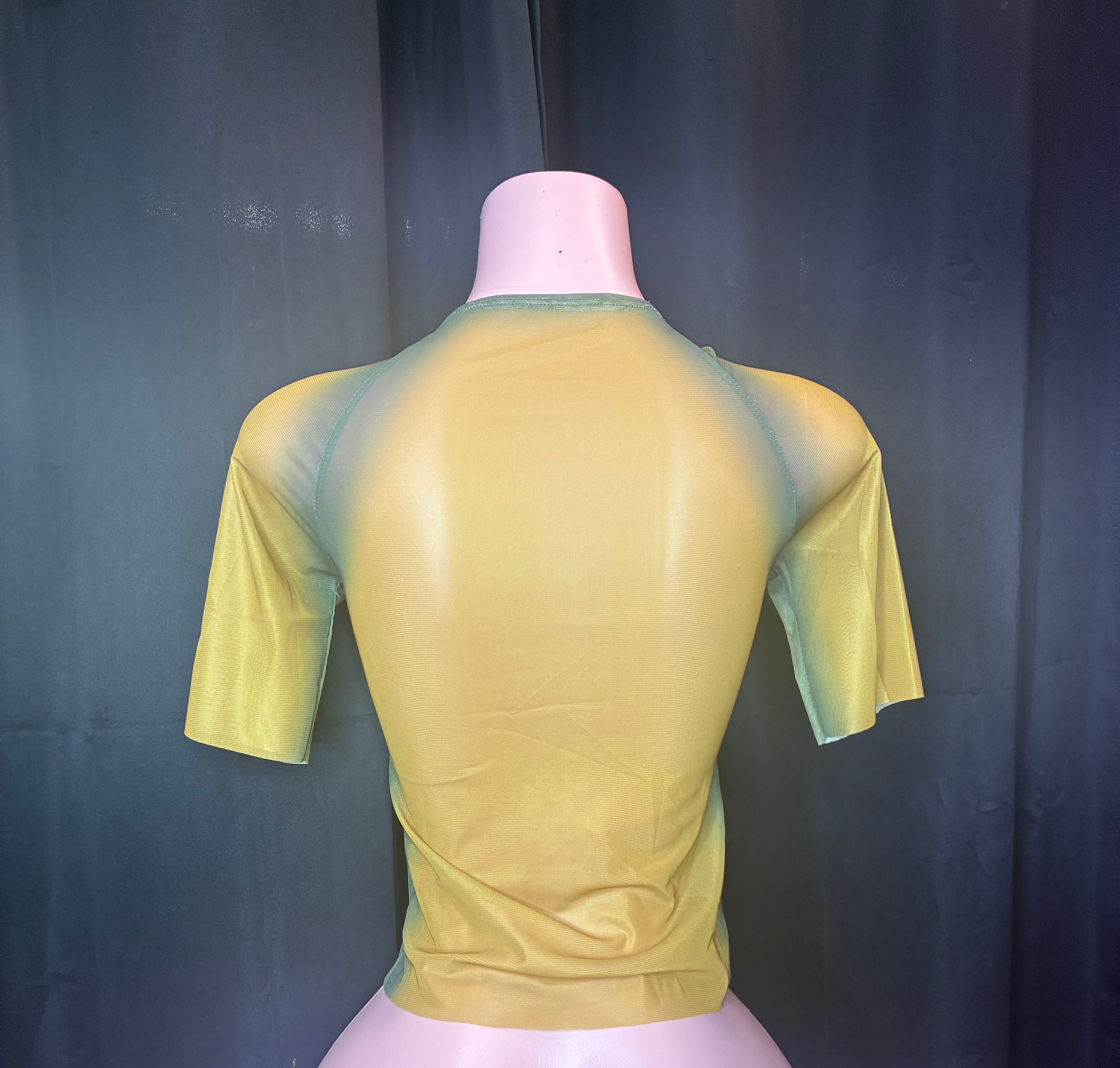 “This not Heaven” gold/green mesh top