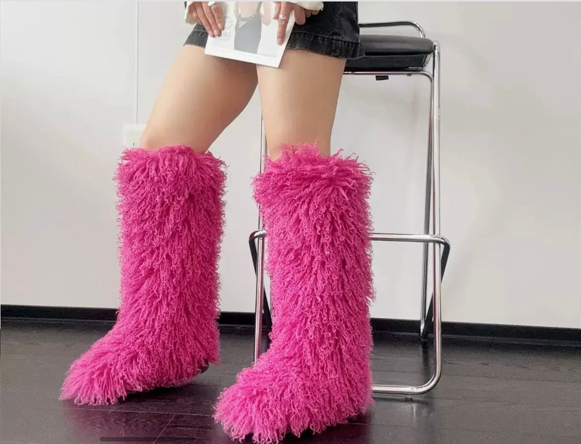 “Dark Pink” kinky Kurly fur knee high fur boots