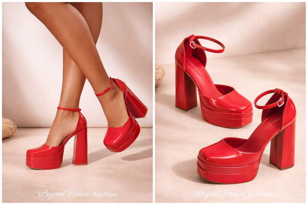 “Red Alert” red patent leather platform heels