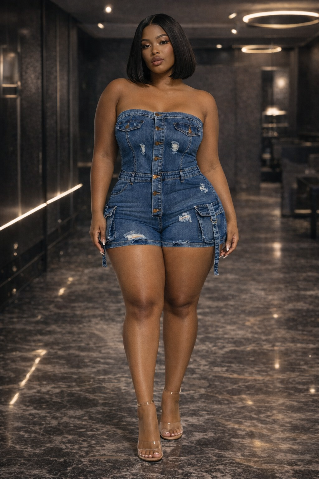 “Denim Drip Romper” plus size