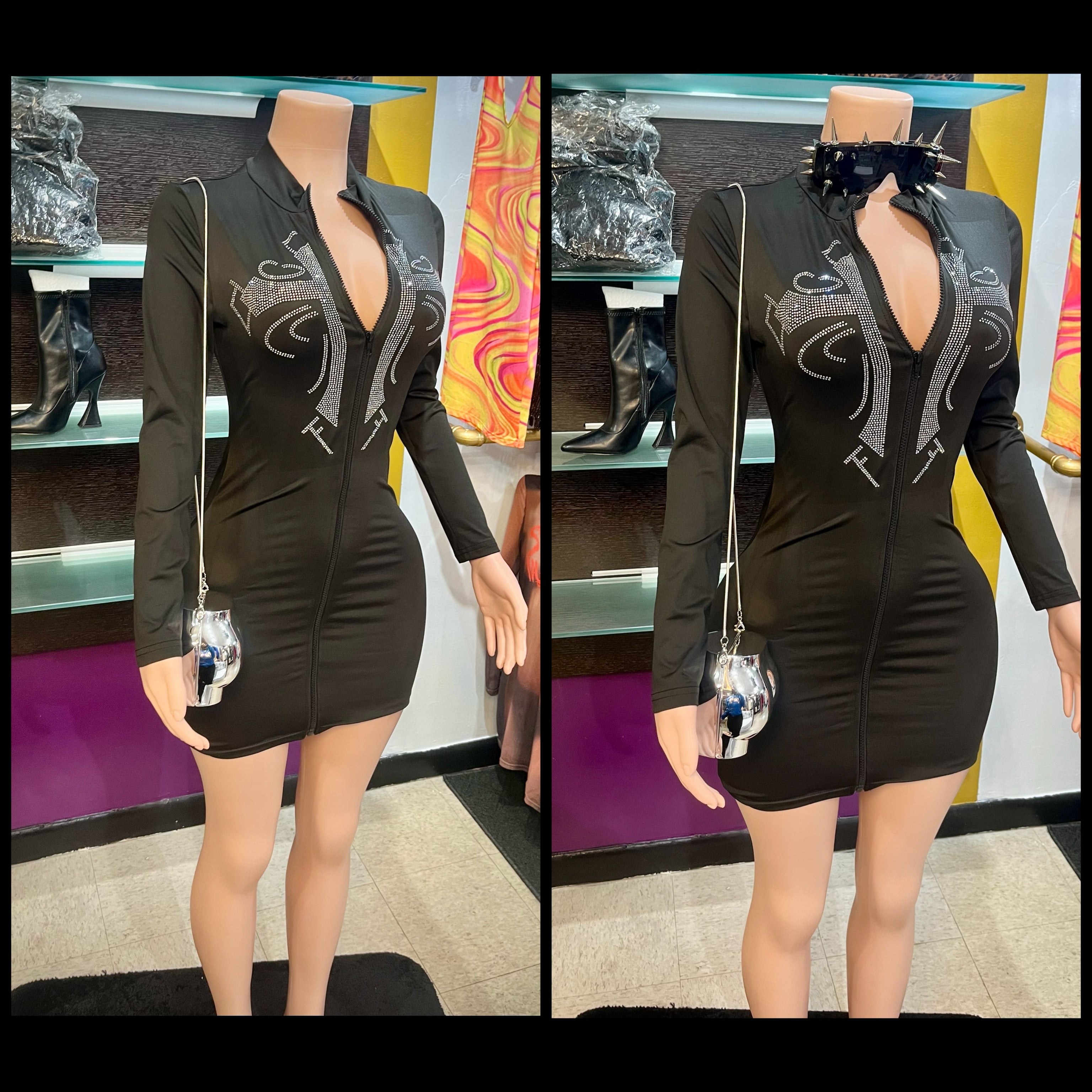 “Cross Diamonds” black long sleeve dress