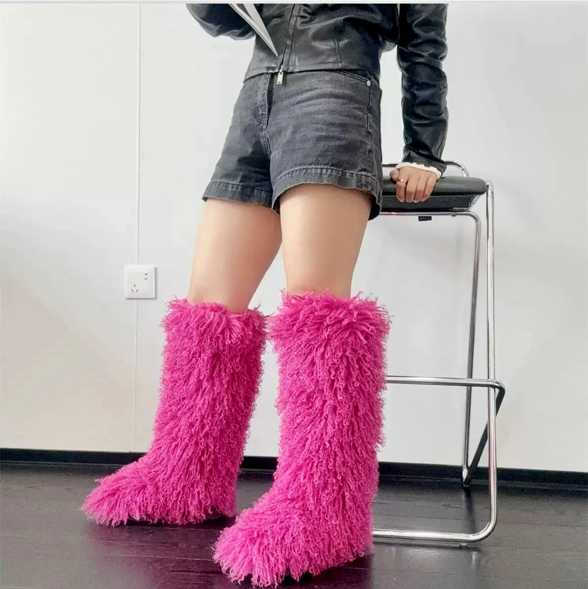 “Dark Pink” kinky Kurly fur knee high fur boots
