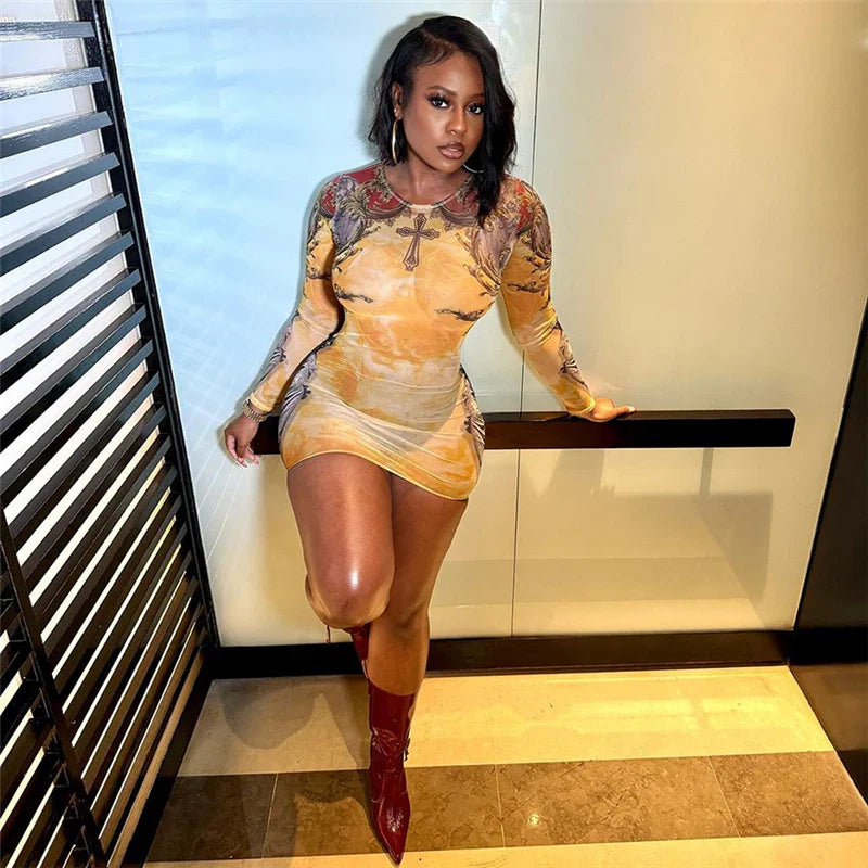 “Rule-her” long sleeved yellow/multi color dress