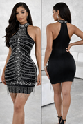 “Starlight Crystal Fringe” black mini dress