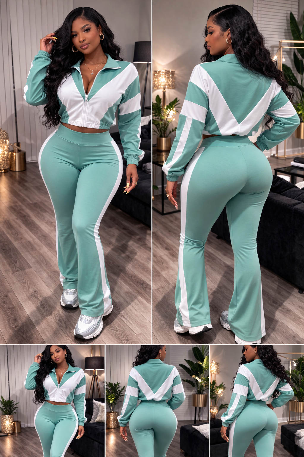 “Mint Motion” green/white two piece pant set