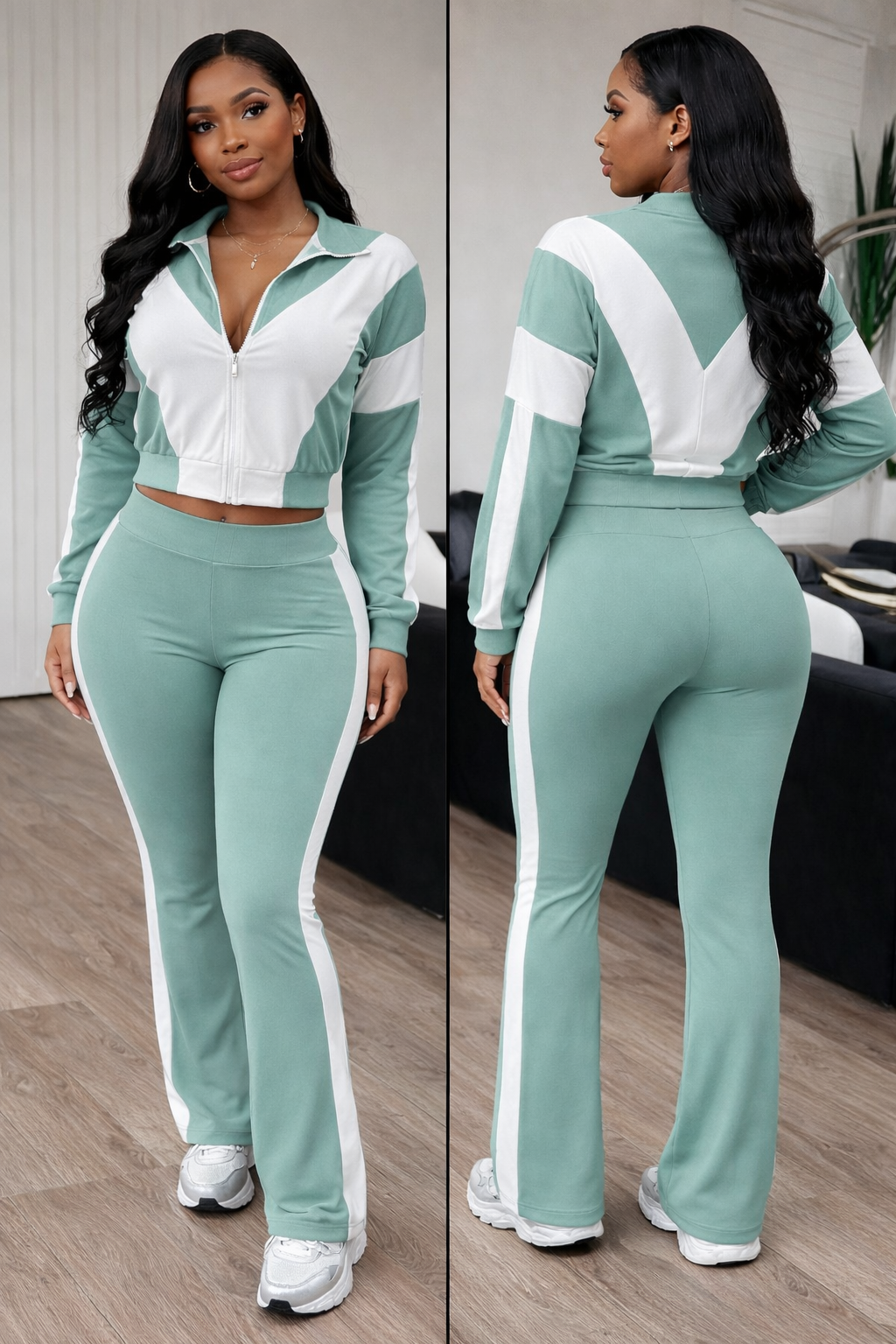 “Mint Motion” green/white two piece pant set