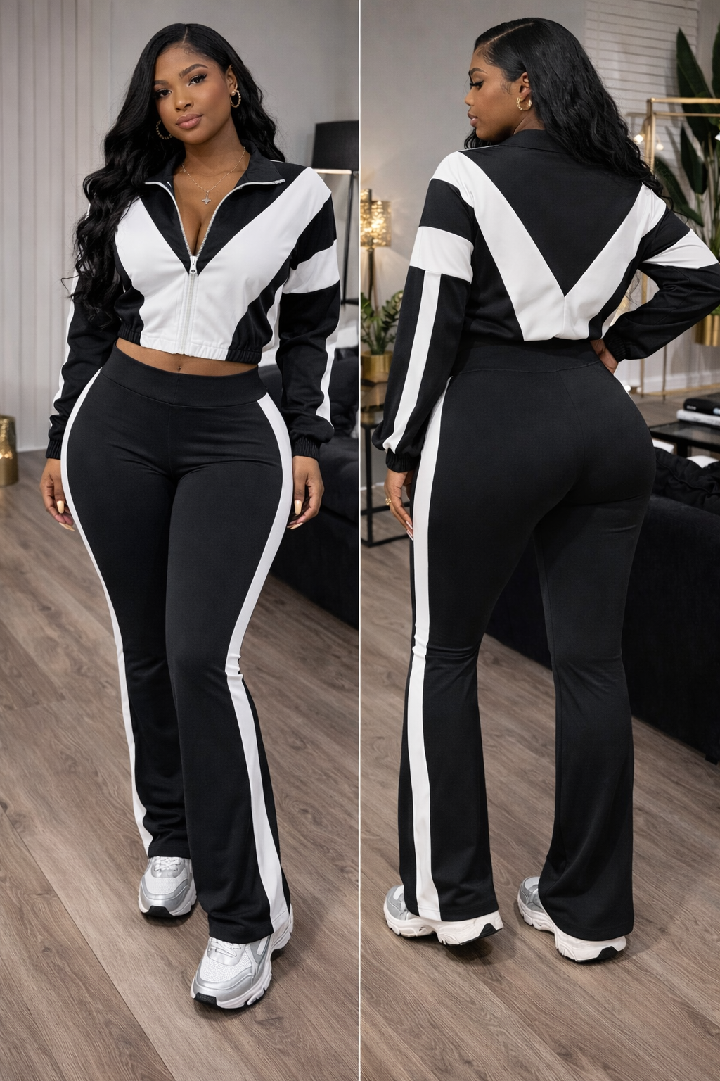 “Midnight Motion” black/white two piece pant set
