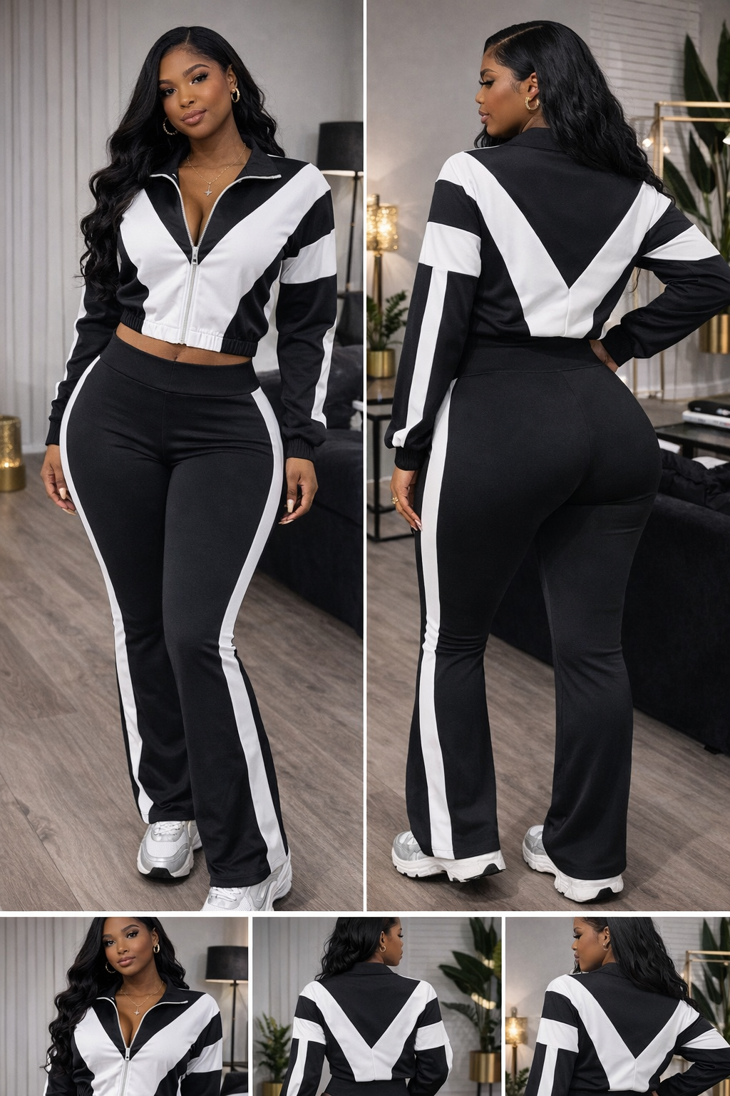 “Midnight Motion” black/white two piece pant set