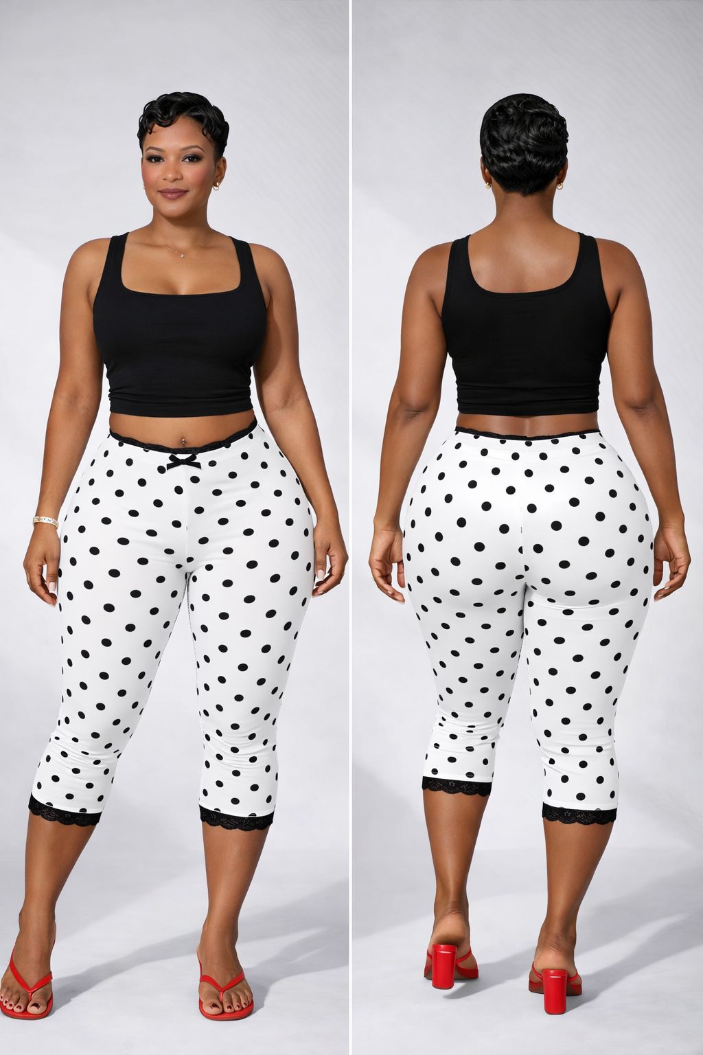 “Polka Drama” lace capri leggings white & black