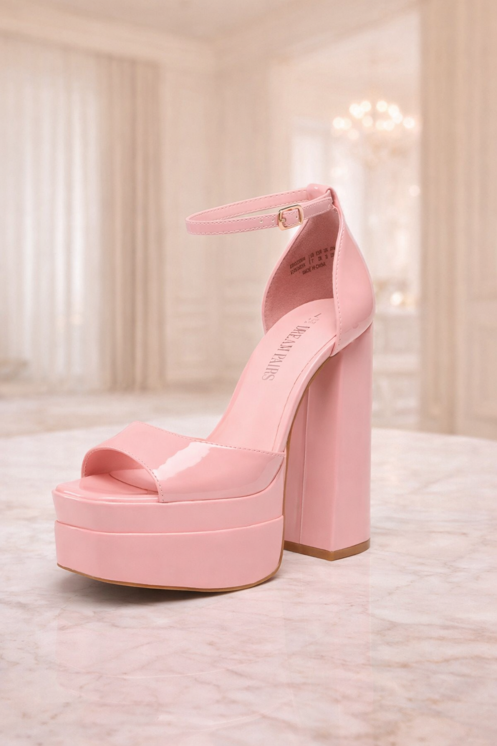 “Bubble Gum Bliss” pink patent leather platform heels