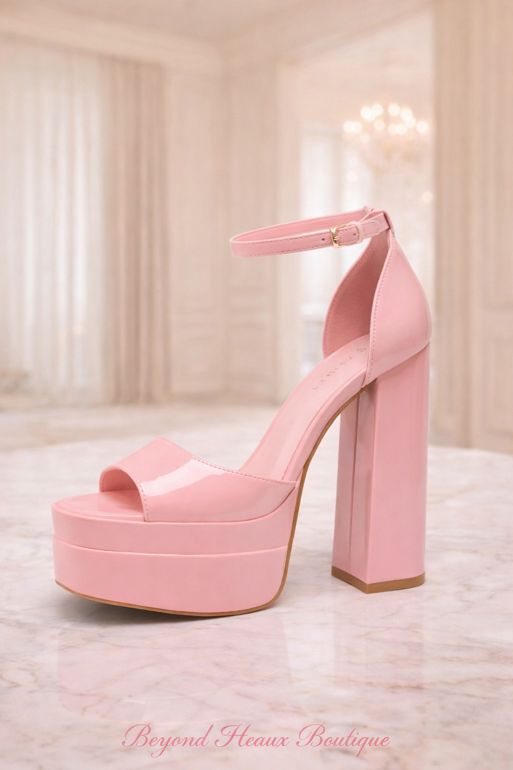 “Bubble Gum Bliss” pink patent leather platform heels