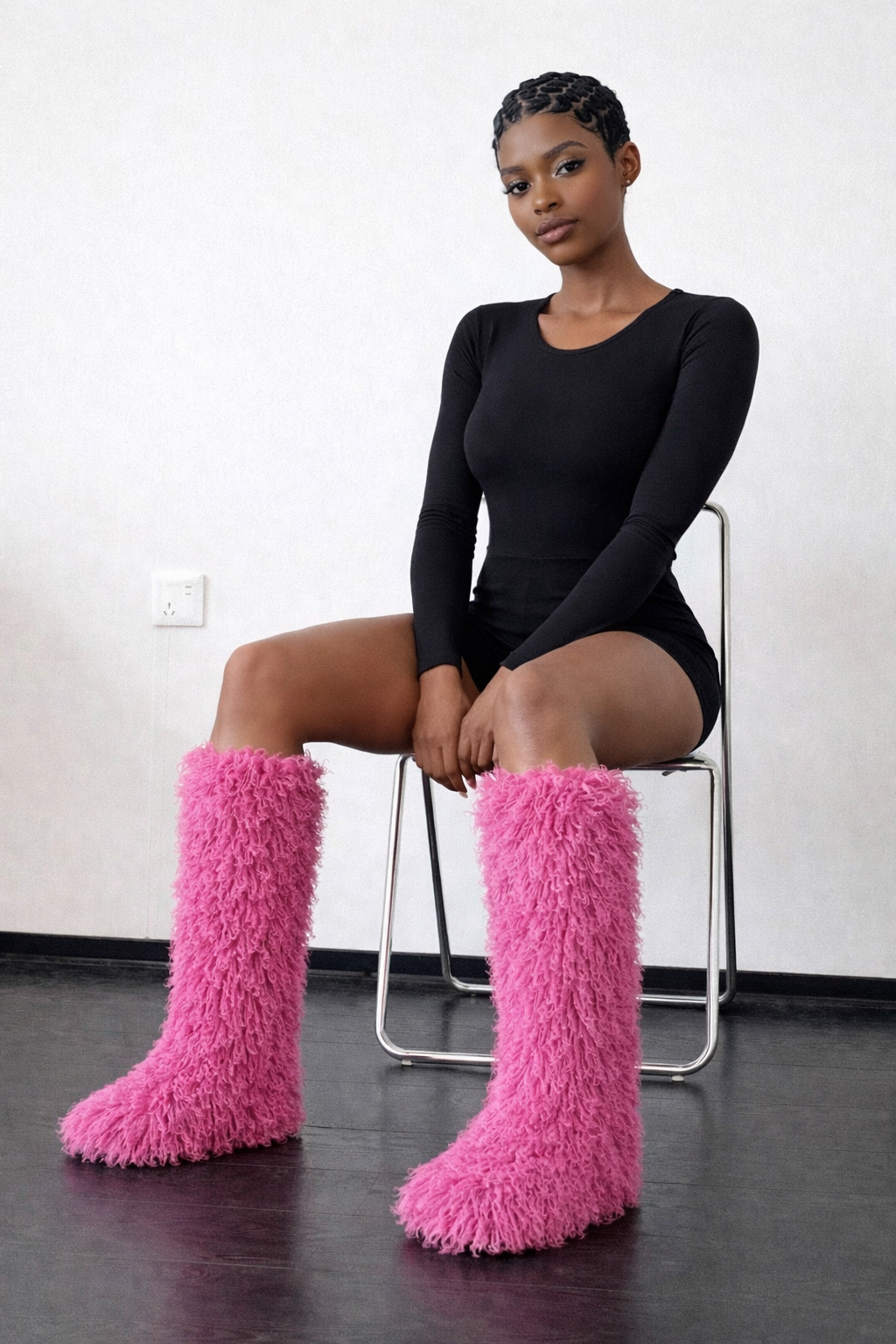 “Dark Pink” kinky Kurly fur knee high fur boots