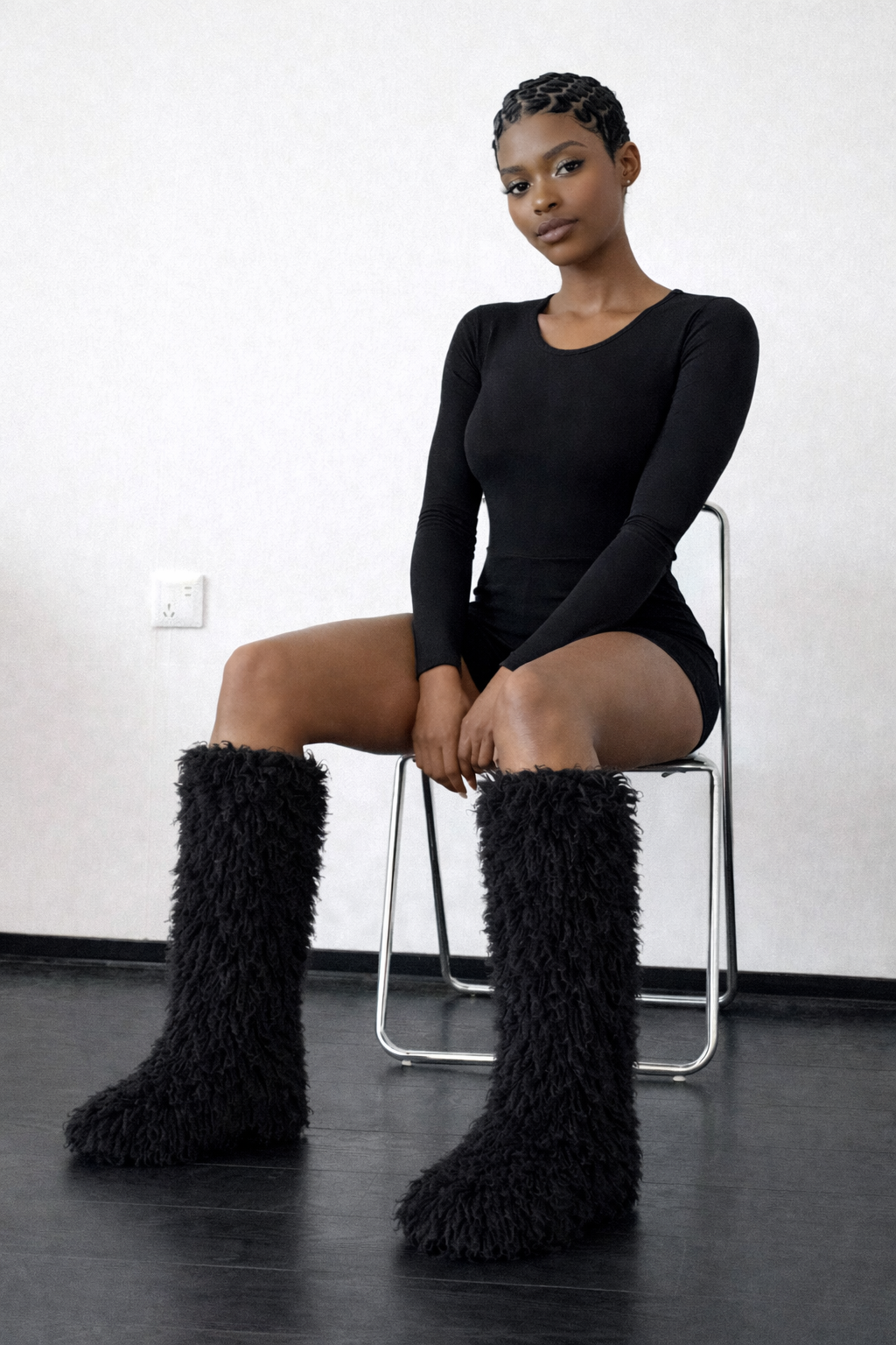 “Black” kinky Kurly fur knee high fur boots