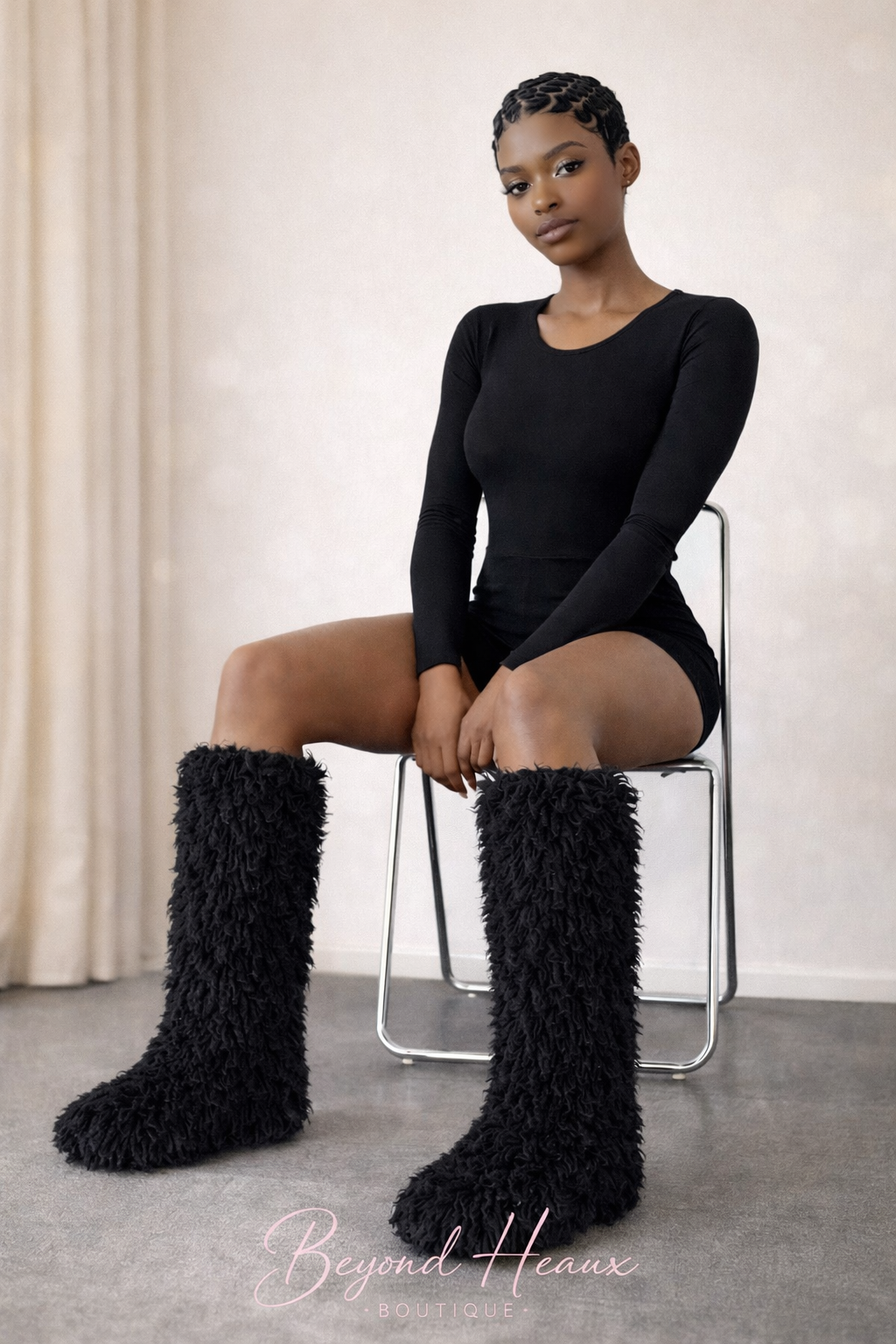 “Black” kinky Kurly fur knee high fur boots