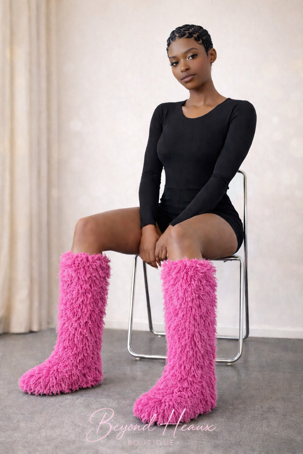 “Dark Pink” kinky Kurly fur knee high fur boots