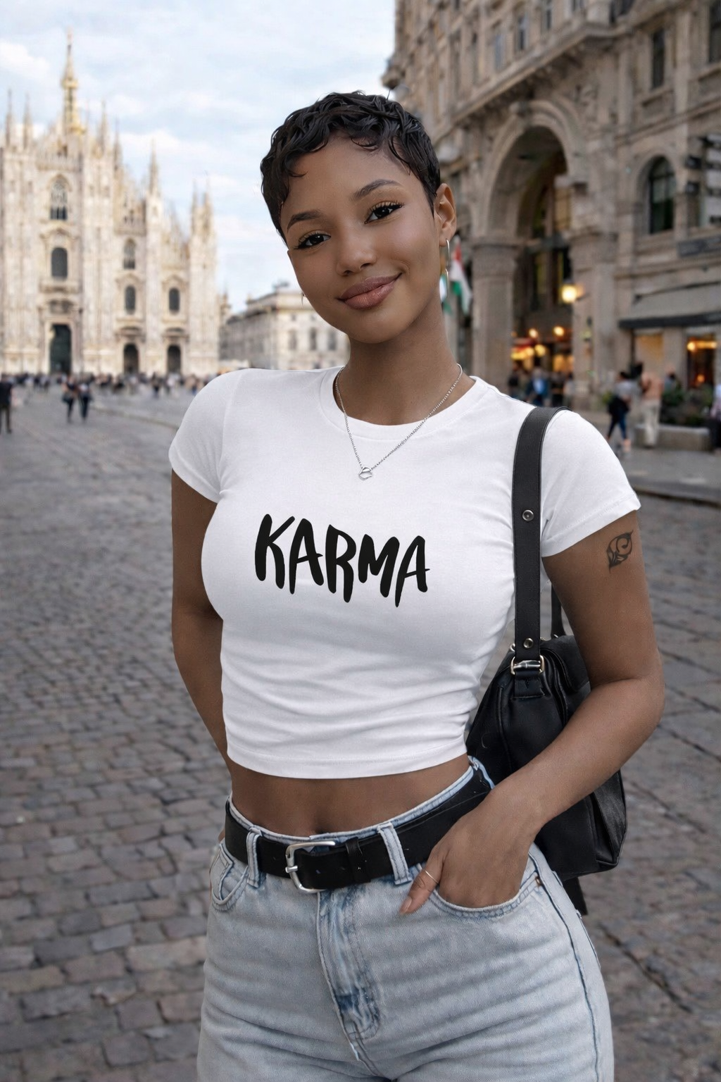 “Karma” cropped tee – White/ black