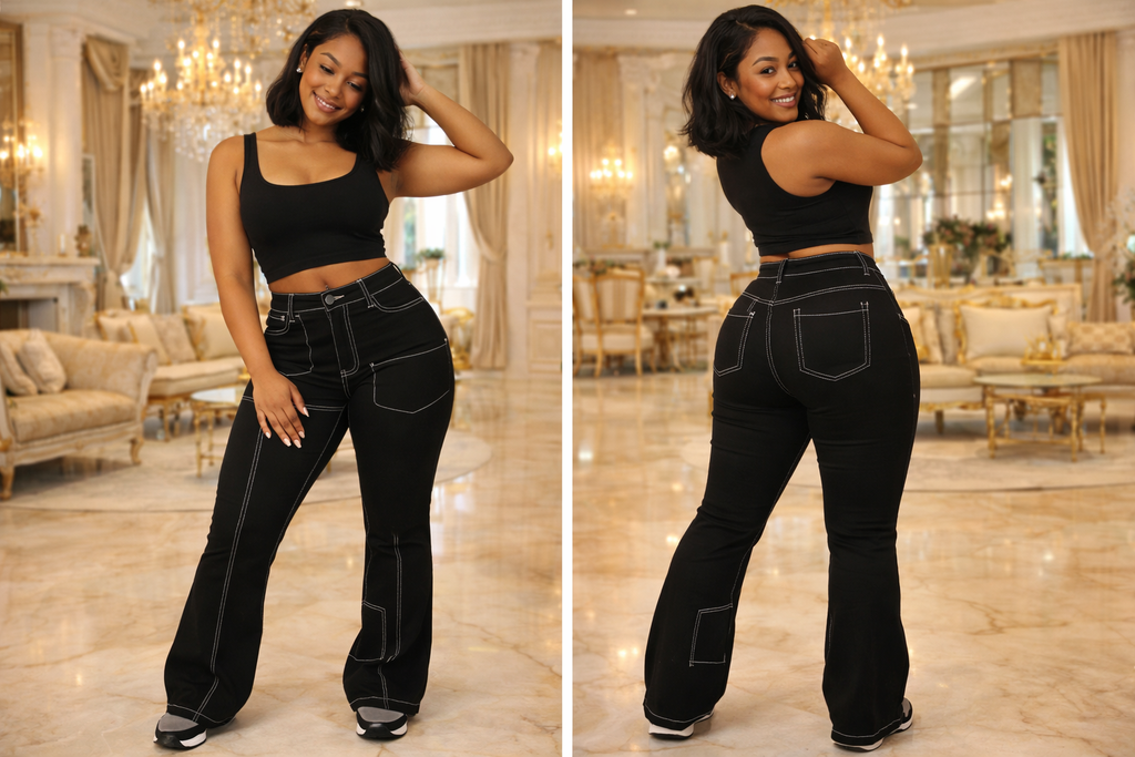 “Contrast Stitch” Flare Pants black & white
