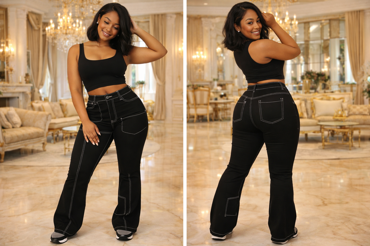 “Contrast Stitch” Flare Pants black & white