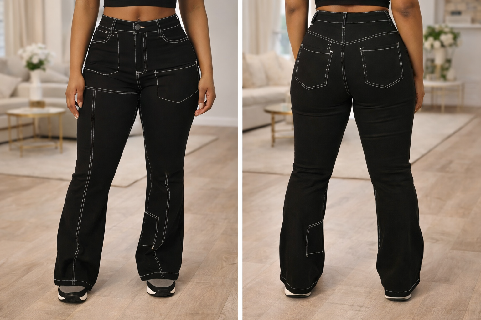 “Contrast Stitch” Flare Pants black & white