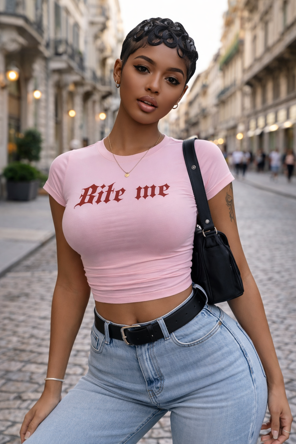 “Bite Me” pink & red Crop Tee