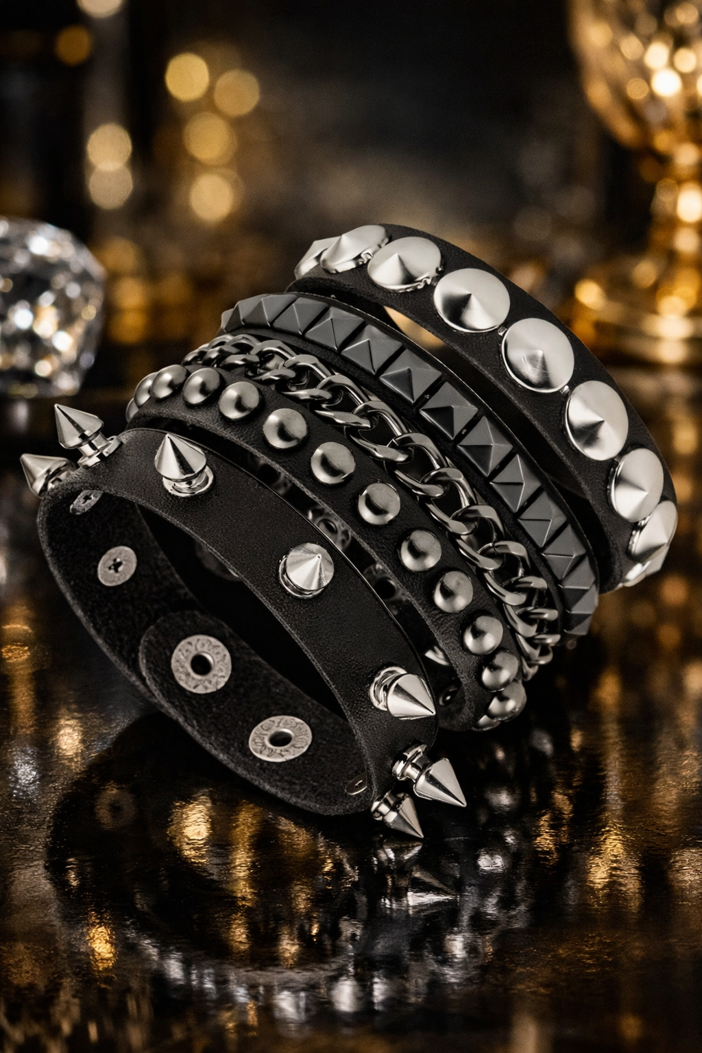 Midnight Rebel Stud Stack Bracelet Set- black & silver