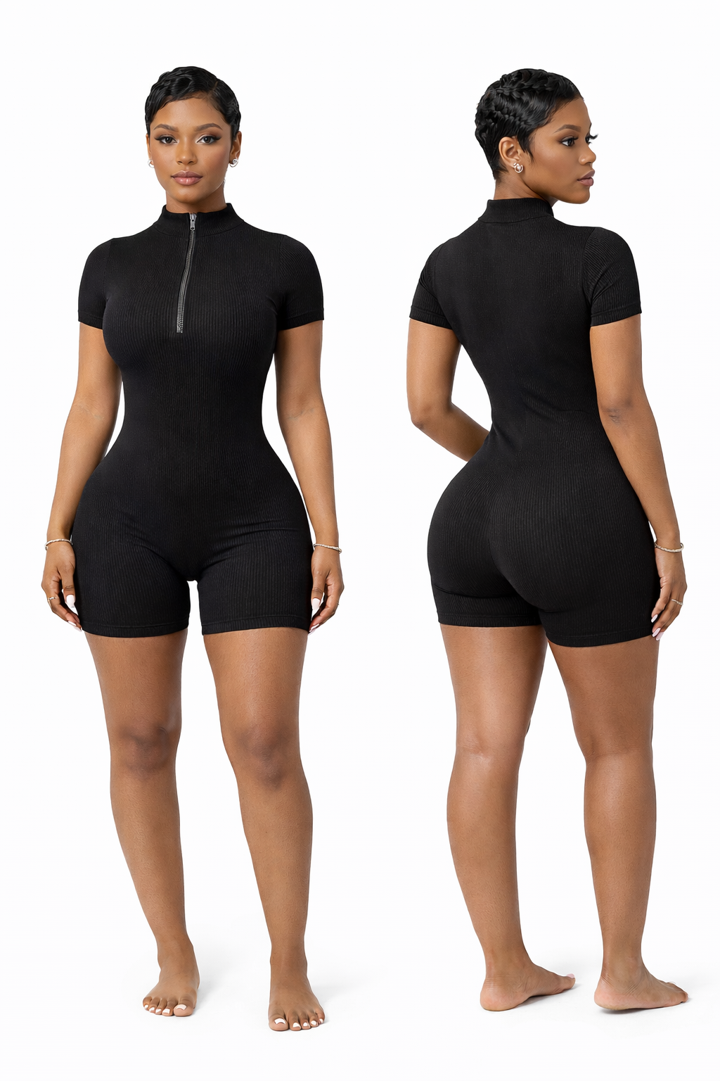 “Midnight Contour Ribbed Romper”- black