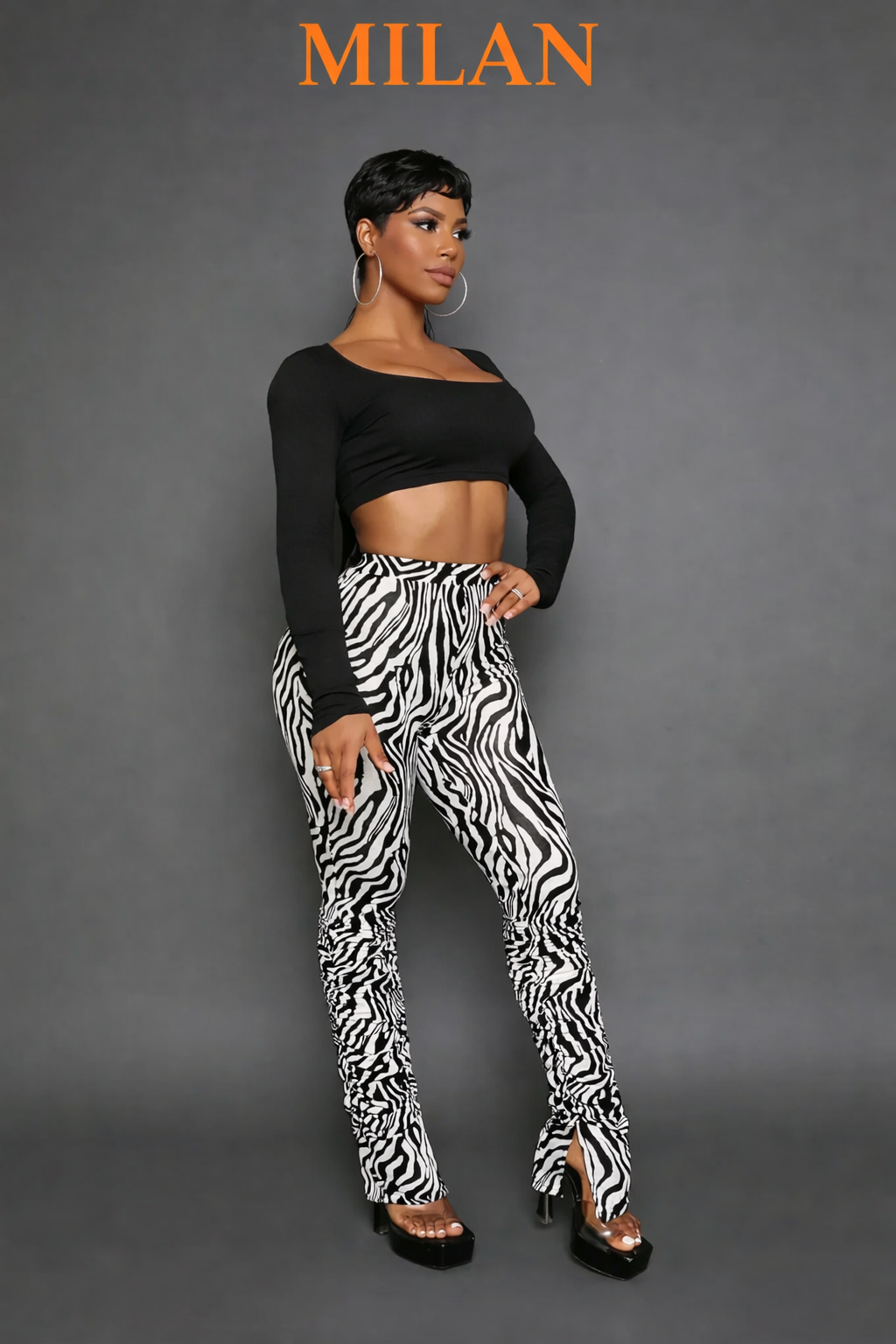 “Wild Instinct” Ruched Zebra Split Pants- black & white