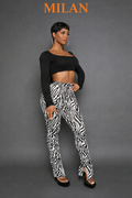 “Wild Instinct” Ruched Zebra Split Pants- black & white