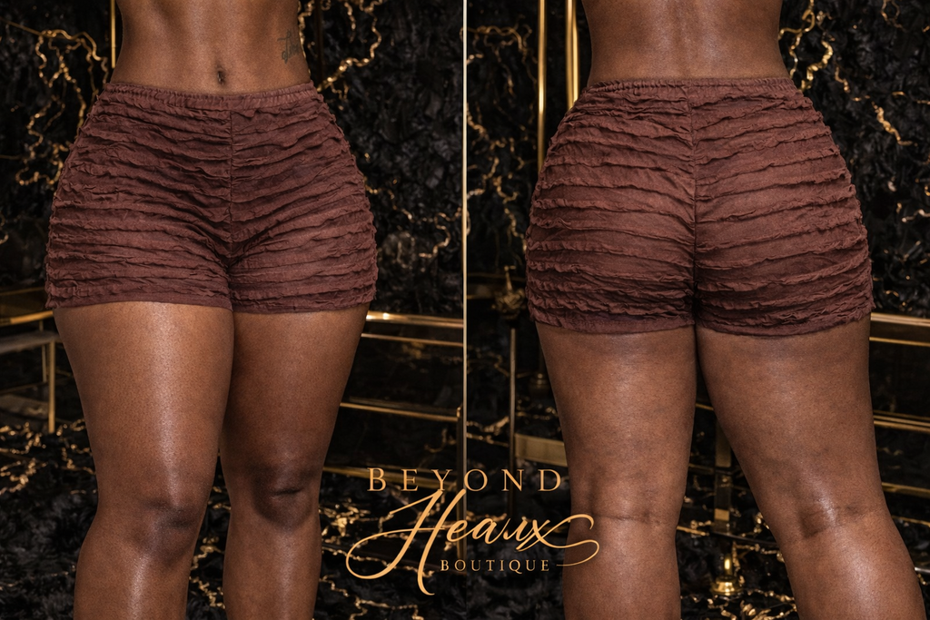 “Mocha Mirage” Sheer Ruched Shorts-brown